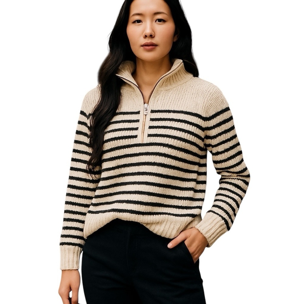 H&M Nautical Black Cream Striped Knit Half Zip Pullover Sweater Size XL